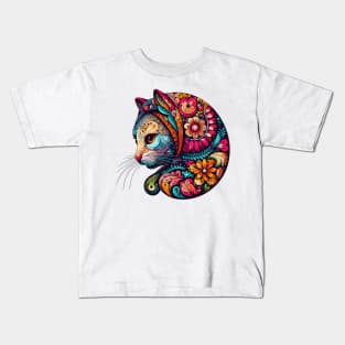 Neon Babushka Cat - Flowery Colorful Kitty Cat Head Profile Kids T-Shirt